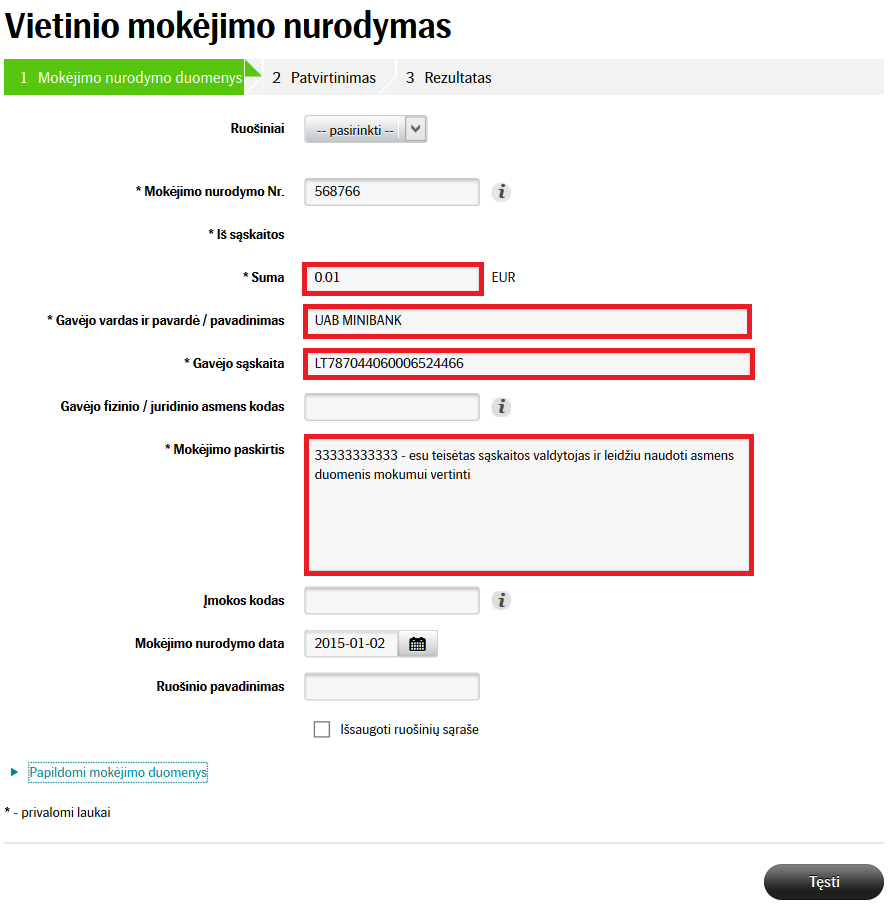 SEB banko registracijos mokėjimo pavyzdys