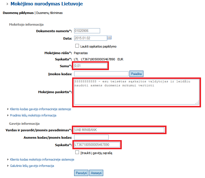 Šiaulių banko registracijos mokėjimo pavyzdys
